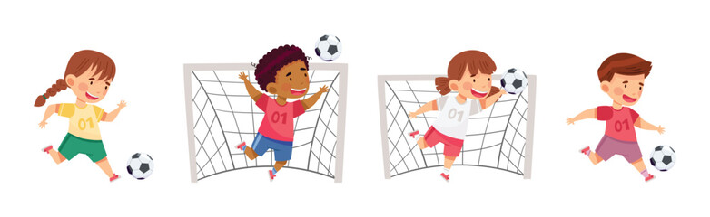 Wall Mural - Happy Kids Play Football Enjoy Team Sport Game Vector Set