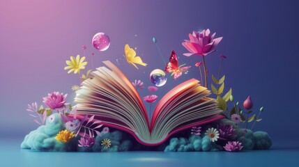 Wall Mural - 3D style Illustration of magical book with fantasy stories inside it. Fantasy and literature concept. Happy World book day. The concept for World Book Day background. Copy space