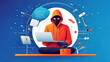 Cyber attack concept. Man in hoodie sitting on the floor with laptop. Online attack. Vector illustration.