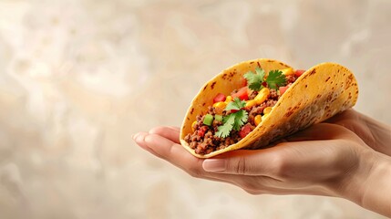 Wall Mural -  Female Arm Holding a Delicious Mexican Taco, Generative AI