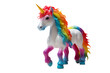 Toy Horse With Multicolored Mane. The toy stands on a flat surface, showcasing its realistic details and dynamic appearance. On PNG Transparent Clear Background.