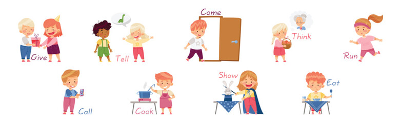 Wall Mural - Verbs Study with Little Kids Doing Different Activity Demonstrating Vocabulary Vector Set