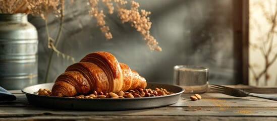 Sticker - A fresh croissant with nuts sits atop a plate placed on a wooden table in a bakery setting.