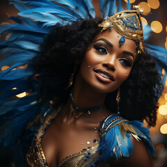 Wall Mural - A smiling woman of samba dancers in vibrant costumes Brazil during the carnival. Young women dancing and enjoying the Carnival in Brazil