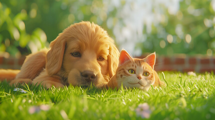 Cute Golden Retriever Puppy and cute scottish shorthair cat lying together on a green grass field nature in a spring sunny
