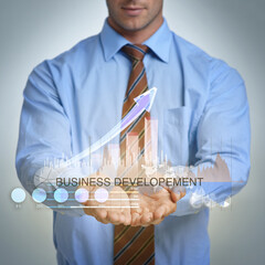Poster - Professional, hands and show data for statistics, analysis or growth of business development. Chart, graph or trader with presentation, finance or invest in studio isolated on grey background overlay