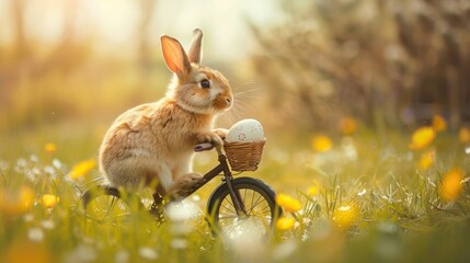 Wall Mural - Rabbit joyfully riding a bike, holding an Easter egg, imaginative and cheerful Easter scene, AI Generative