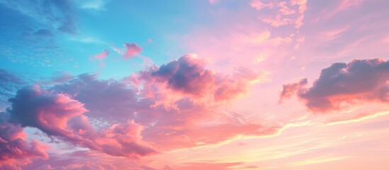 Canvas Print - Gorgeous Pink and Blue Sky with Fluffy Clouds and Vibrant Colors in a Peaceful Sunset Scene