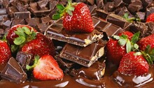 Background With Chocolate Bars, Melted Chocolate And Strawberries In Macro Photo.
