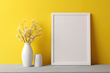 White blank frame mockup with dry plants in vase on grey table against yellow wall.