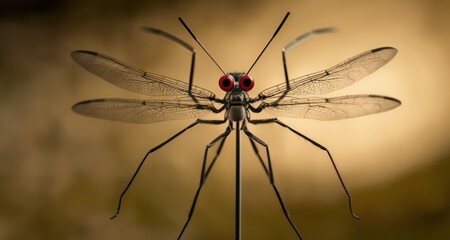 Poster -  Close-up of a dragonfly with striking red eyes, poised in flight