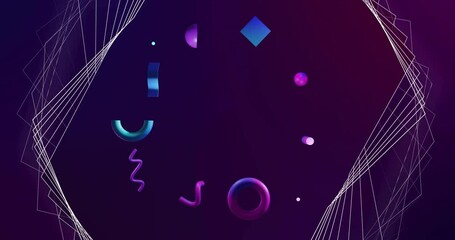 Sticker - Animation of white network structure over 3d blue and purple shapes rotating on dark background