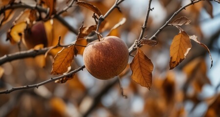 Poster -  Autumn's bounty - A single apple amidst the changing leaves