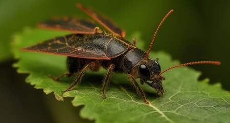 Canvas Print -  A close-up of a vibrant red and black beetle on a leafy green background