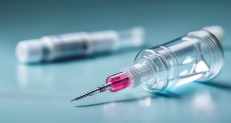 Wall Mural -  Vaccine syringe on a blue surface, ready for administration