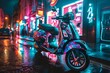 Mobility scooter adorned with pop art decals cruising through neon streets