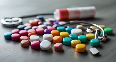 Sticker -  Colorful pill capsules on a table