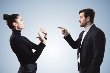 Aufkleber - Abstract image of boss hand pointing at businesswoman on light gray background. Bad job decision and mistake concept.