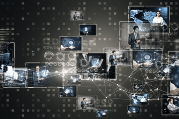 Poster - Complex digital ecosystem with interconnected professional media platforms on a grid background