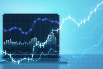 Poster - Close up of laptop with creative growing business chart on blurry grid background. Financial growth and strategy concept. Double exposure.