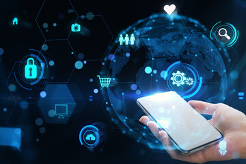 Poster - Hand holding smartphone with icons of global network connection, innovative technology in science and communication concept