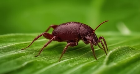 Wall Mural -  A close-up of a vibrant red beetle on a green leaf