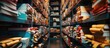 A room with numerous shelves stretching from floor to ceiling, each filled with various items neatly organized. The shelves are packed with books, boxes, files, and other objects, creating a busy and