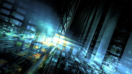 Poster - Dynamic digital vortex with glowing lights and geometric patterns in a spectrum of blues and greens. 3d render