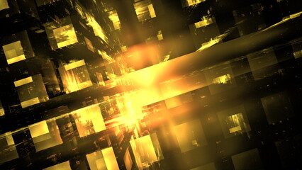 Wall Mural - Fiery explosion of digital architecture in a dazzling display of gold and amber. 3d render