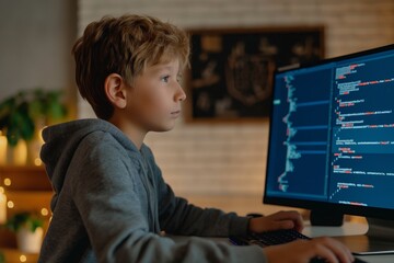 Young boy coding intently on a computer in the room at home