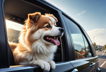 Fluffy dog looking out of car window. Generative AI