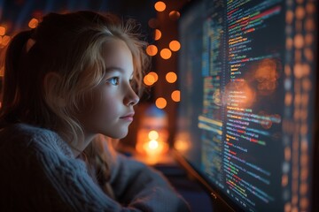 Young girl coding intently on a computer in the room at home