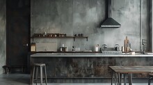 An Elegant Kitchen In An Aged Industrial Style For Sophisticated Loft Style Lovers. High Resolution.