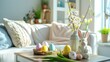 Warm and cozy composition of easter living room interior with coffee table, white sofa, colorful easter eggs