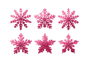 Poster - Set of pink snowflakes in glitter. Collection of decorative elements for the Christmas holiday. Vector illustration