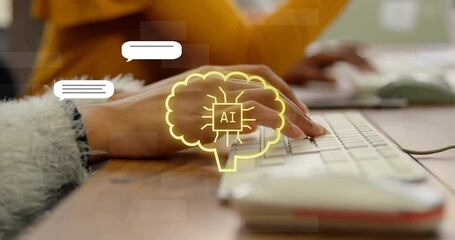 Poster - Animation of ai text, brain and data processing over caucasian woman using computer