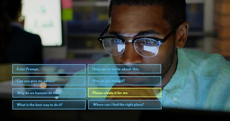 Poster - Animation of ai text, chat bot and data processing over african american man using laptop