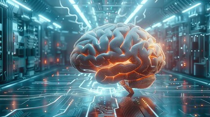 Poster - Big data and artificial intelligence concept. Human brain glowing from processor, symbolizing the fusion of human intelligence and machine learning capabilities. Generative AI.