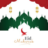 Fototapeta  - Eid Mubarak wishes or greeting card social media eid al fitr post , banner, design with Islamic green background with golden lantern vector illustration