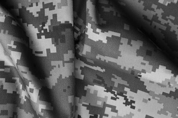 Poster - Texture of crumpled camouflage fabric as background, top view. Black and white effect