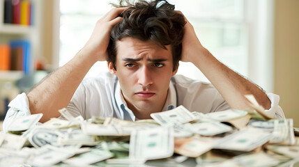 Man Seated in Front of Money Piles Showing Emotional Complexity