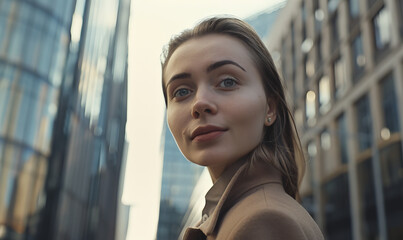 Wall Mural - Close-up portrait of a confident young Ukrainian Eastern European businesswoman entrepreneur in a corporate city setting