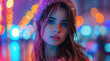 Beautiful young woman is immerse into the vibrant energy of a city night, where neon lights paint the streets with mesmerizing hues. Generative AI.