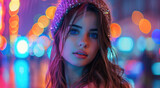 Fototapeta  - Beautiful young woman is immerse into the vibrant energy of a city night, where neon lights paint the streets with mesmerizing hues. Generative AI.
