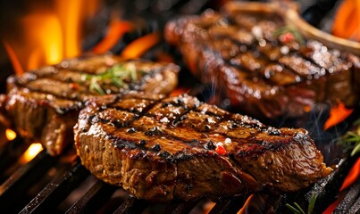 Wall Mural - Grilled steak on barbecue grill. Closeup view. Outside BBQ party.