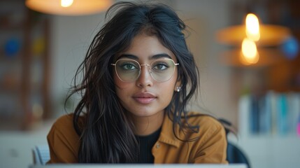 Canvas Print - IT Indian woman sitting at a work desk in the modern office, looking at laptop screen. Generative AI.