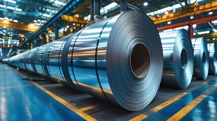 Poster - Rolls of galvanized sheet steel in the factory. Large rolls of metal coils in the warehouse. Generative AI.