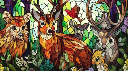 Wall Mural -  stained glass picture of animals in a stained glass window