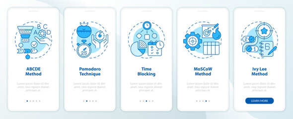 Prioritization techniques blue onboarding mobile app screen. Walkthrough 5 steps editable graphic instructions with linear concepts. UI, UX, GUI template. Myriad Pro-Bold, Regular fonts used