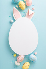 Wall Mural - Picture-perfect Easter setup: vertical top view of vibrant eggs, sprinkles and rabbit ears emerge from an egg-shaped cutout on a pastel blue background, inviting personalized greetings or ads